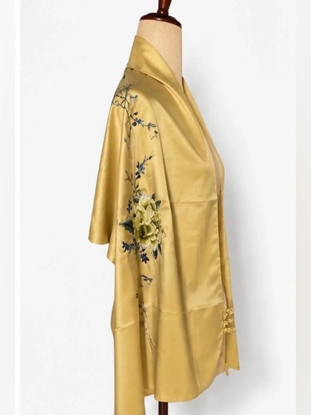 Chinese silk shawl w floral embroidery, Asian ornamental scarf.